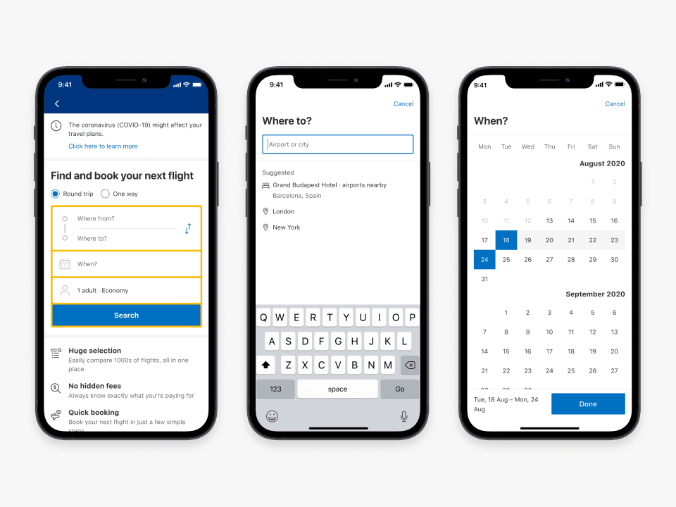 Portfolio images showing Booking.com Flight search on mobile